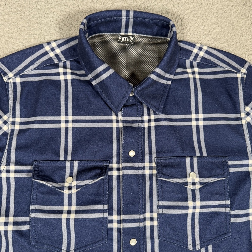 Volcom Shirt Mens Small Blue Plaid Pearl Snap Overshirt Shacket Casual Preppy
